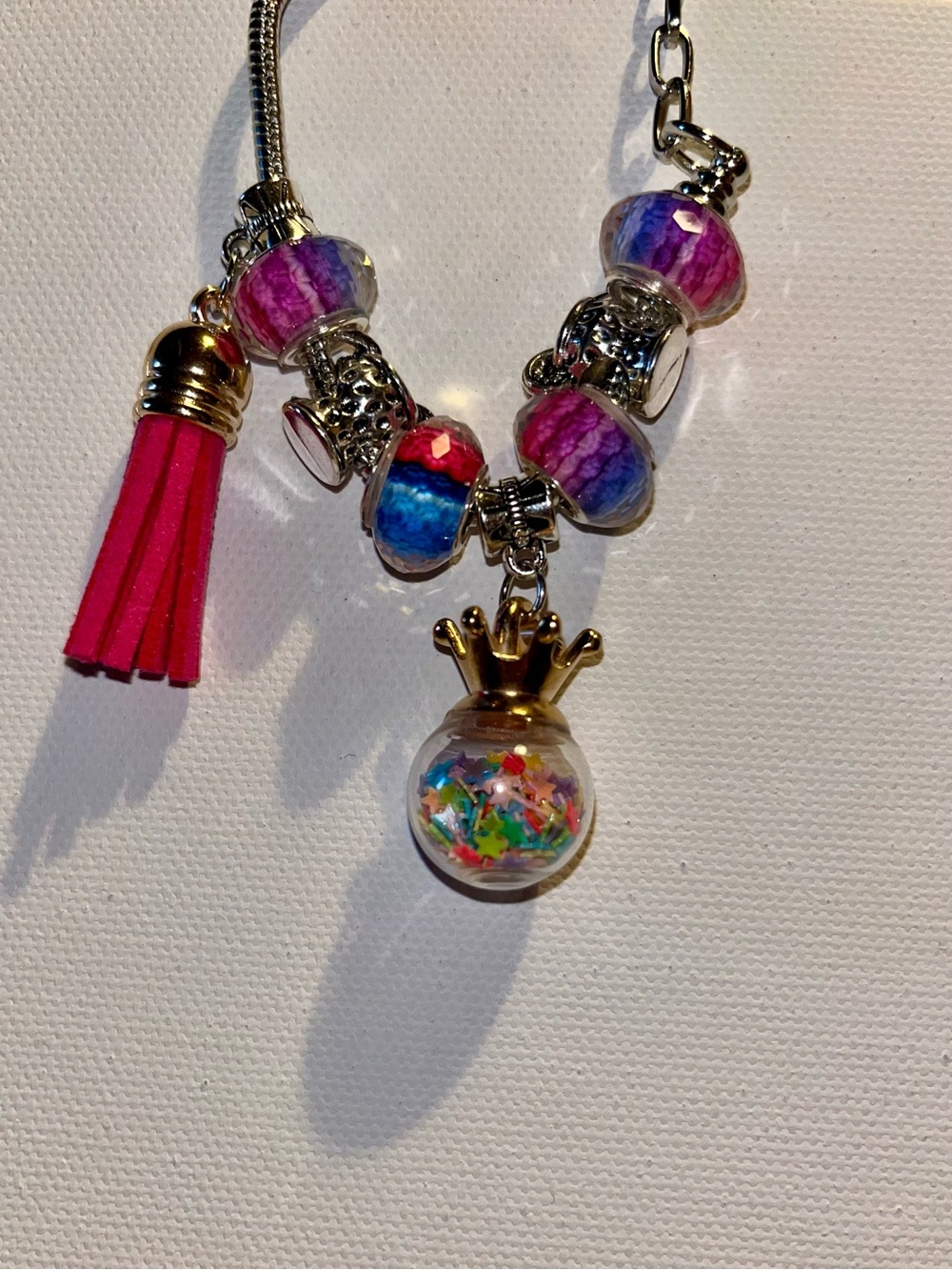 Silver Snake Chain Bracelet w/Crown & Drink Charms, Multicolored Beads & Tassel